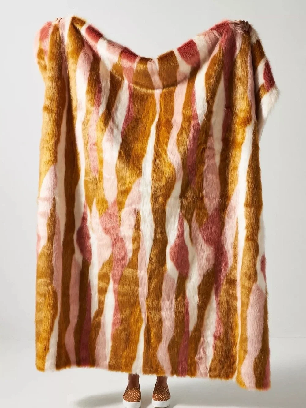 Anthropologie Fauna Faux Fur Throw Blanket in Pink and Gold